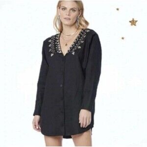 Saltwater Luxe Black Linen Blend Western Embellished Button Up Mini Dress Small